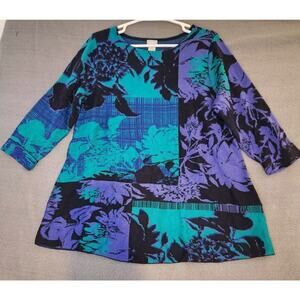 Chico's Floral Round Neck Pullover‎ Sweater Jacquard Blue Purple Knit Sz 2 Large